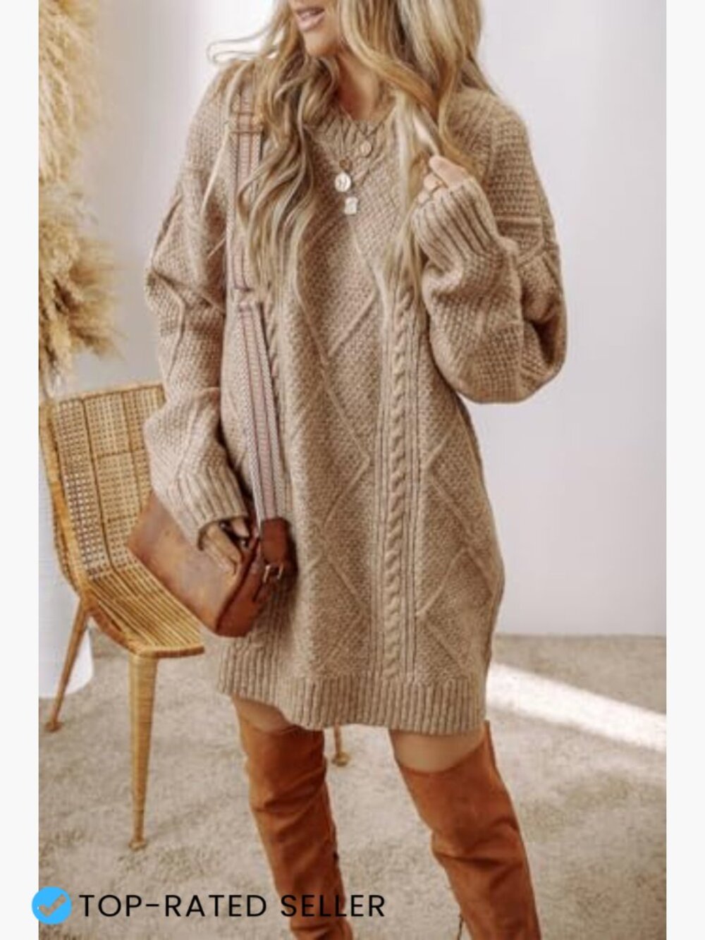 Cable Knit Sweater Dress Drop Shoulder Loose Fit Casual Pullover - Picture 2 of 7